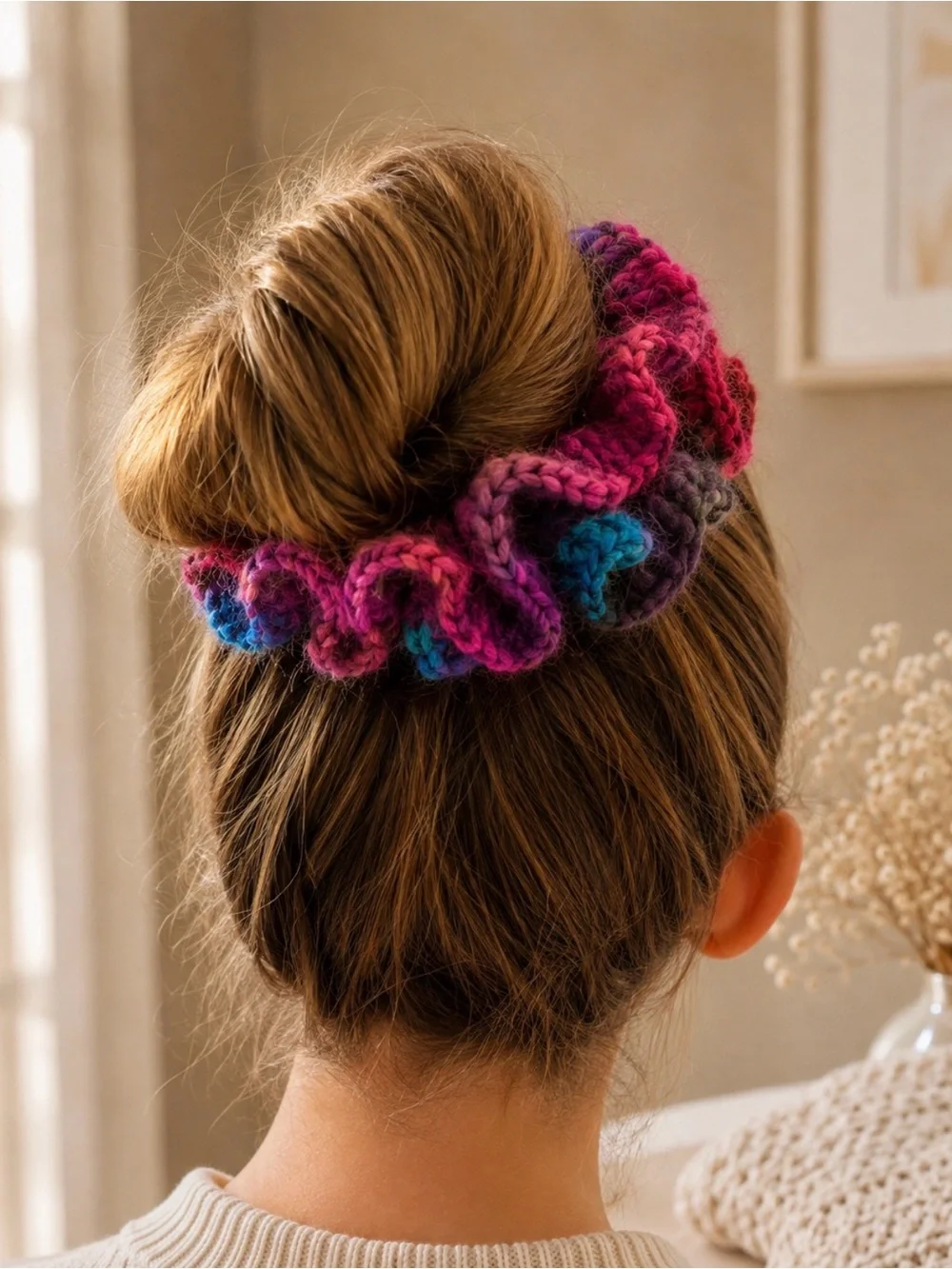 Hand-Knit Multicolor Kids Scrunchie - Rainbow Floral Design